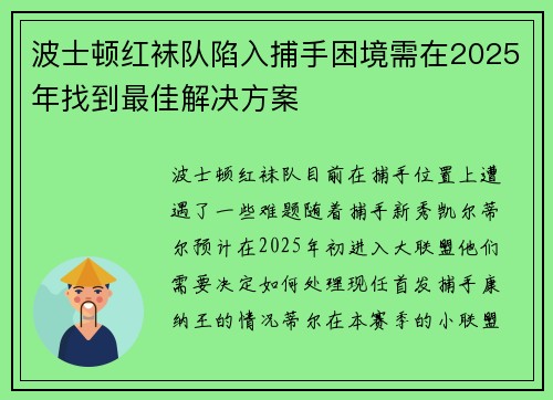 波士顿红袜队陷入捕手困境需在2025年找到最佳解决方案